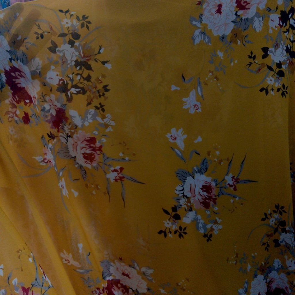 Kain Ceruty Babydoll Motif Bunga Warna Mustard – Bahan Halus, Jatuh, Tidak Menerawang, Cocok untuk G