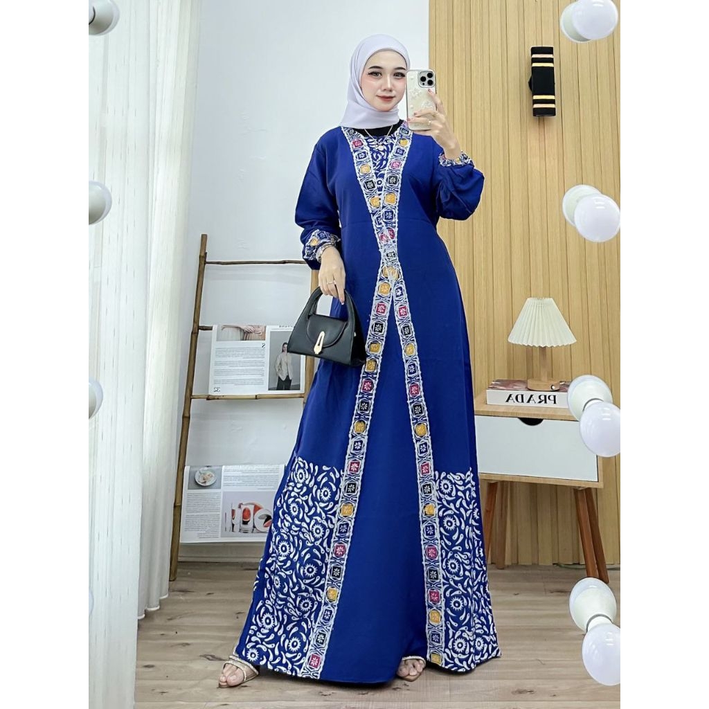 Gamis Batik Encim Adem Nyaman Panjang Muslimah-Biru silang