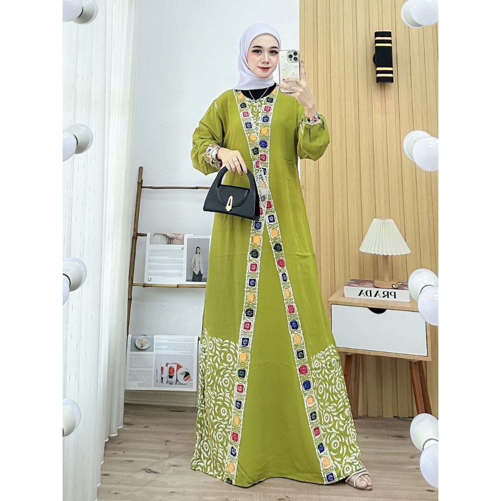 Gamis Batik Encim Adem Nyaman Panjang Muslimah-Hijau silang