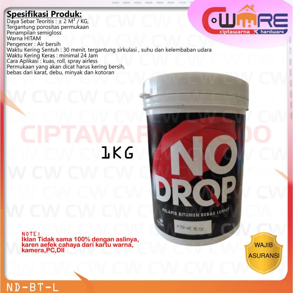 Cat No Drop Pelapis Dak Genteng Bitumen Aspal Hitam Anti Bocor jamur Tahan Air 1kg - CWK