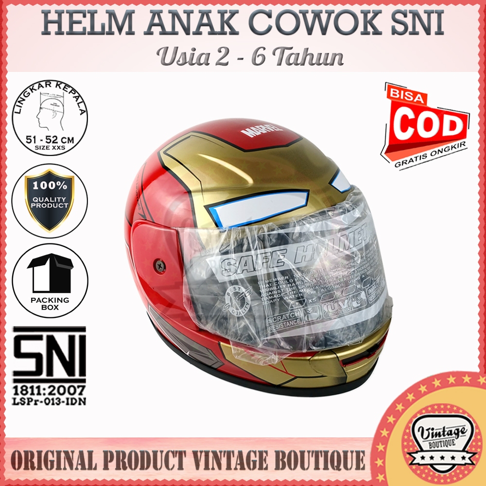 AGEA Helm Full Face Anak SNI Laki Laki Cowok Usia 3 4 5 6 7 Tahun Motif Iron Man Merah Ferrari Abu