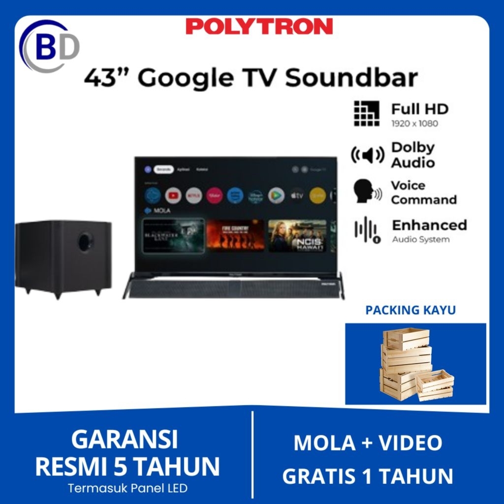 TV LED POLYTRON Smart Android Tv 43" + Sound Bar Digital PLD-43BG9058