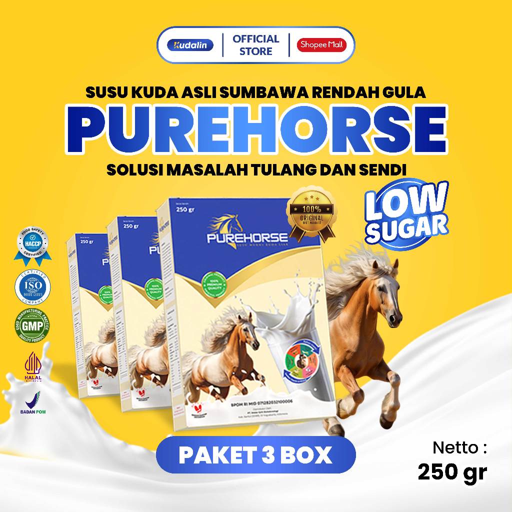 

Purehorse Susu Kuda Murni 100% Original Berat 250 Gram Paket 3 Box