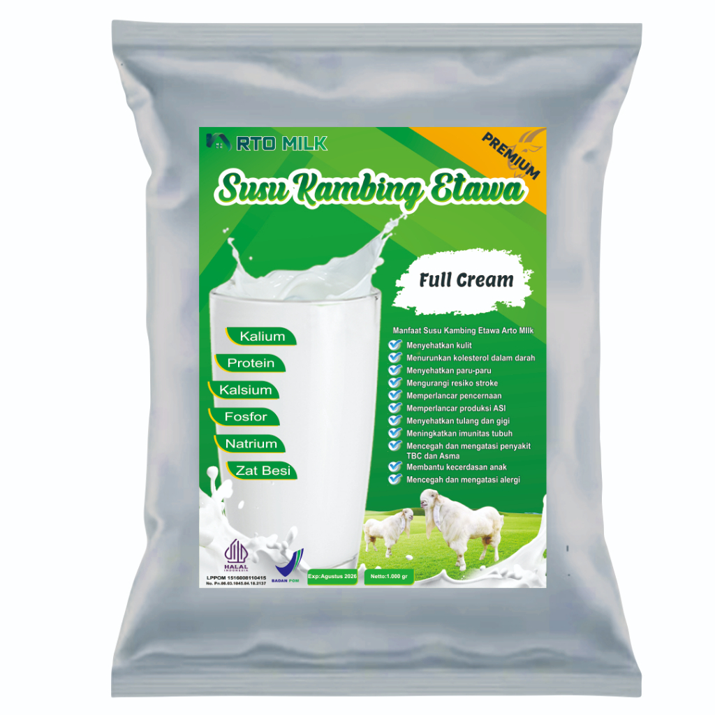 

Susu Bubuk Kambing Etawa Rasa Full Cream Isi 1kg Premium Aluminium Foil Arto Milk
