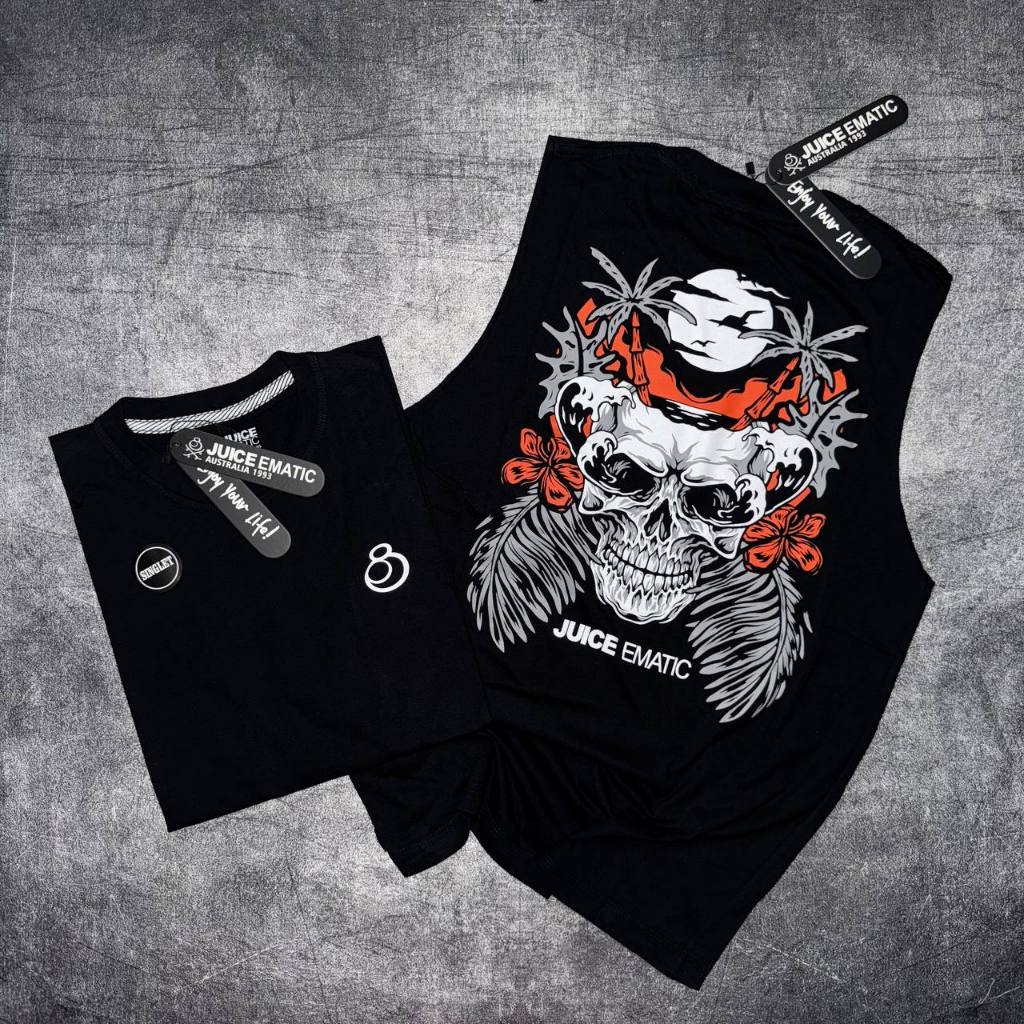 BAJU KAOS SINGLET MUSCLE JUICE EMATIC HITAM SKULL BAHAN COTTON COMBED 30S ADEM MUSCLE JUICE EMATIC