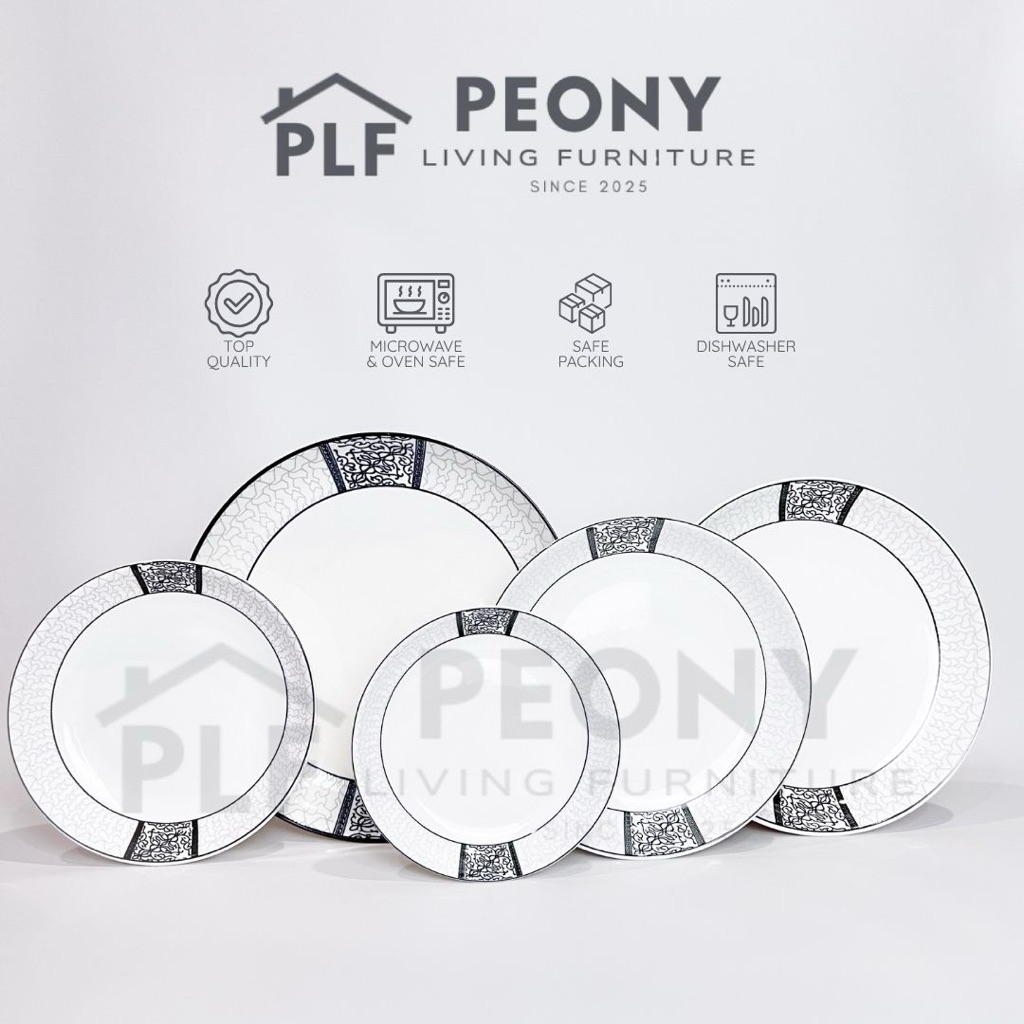 PLF28 - Piring Keramik Estetik Motif Hitam Putih – Mangkuk Makan Elegan
