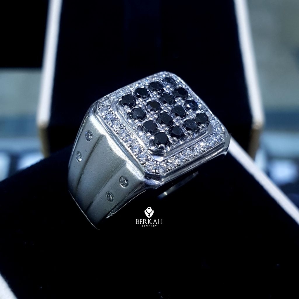 Mens Ring Cincin Pria Ring Perak Berlian Asli 100% Natural Diamond & Berlian Hitam Asli Black Diamon