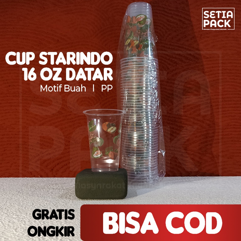 Cup Gelas Plastik 16 oz Datar Starindo Motif Buah Per Pack 50pcs
