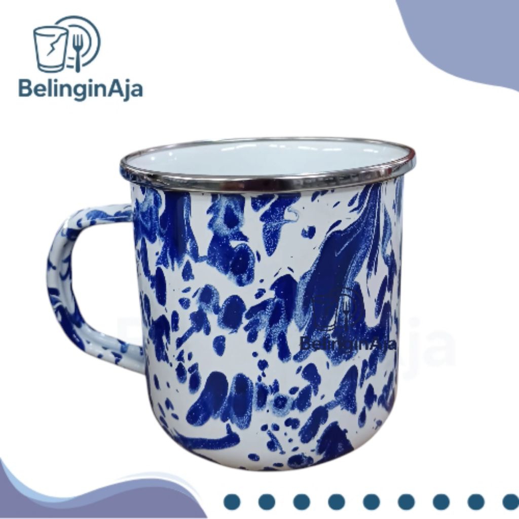 Gelas Mug Enamel Motif Loreng Marble 9cm Biru NavyCangkir Kopi Klasik