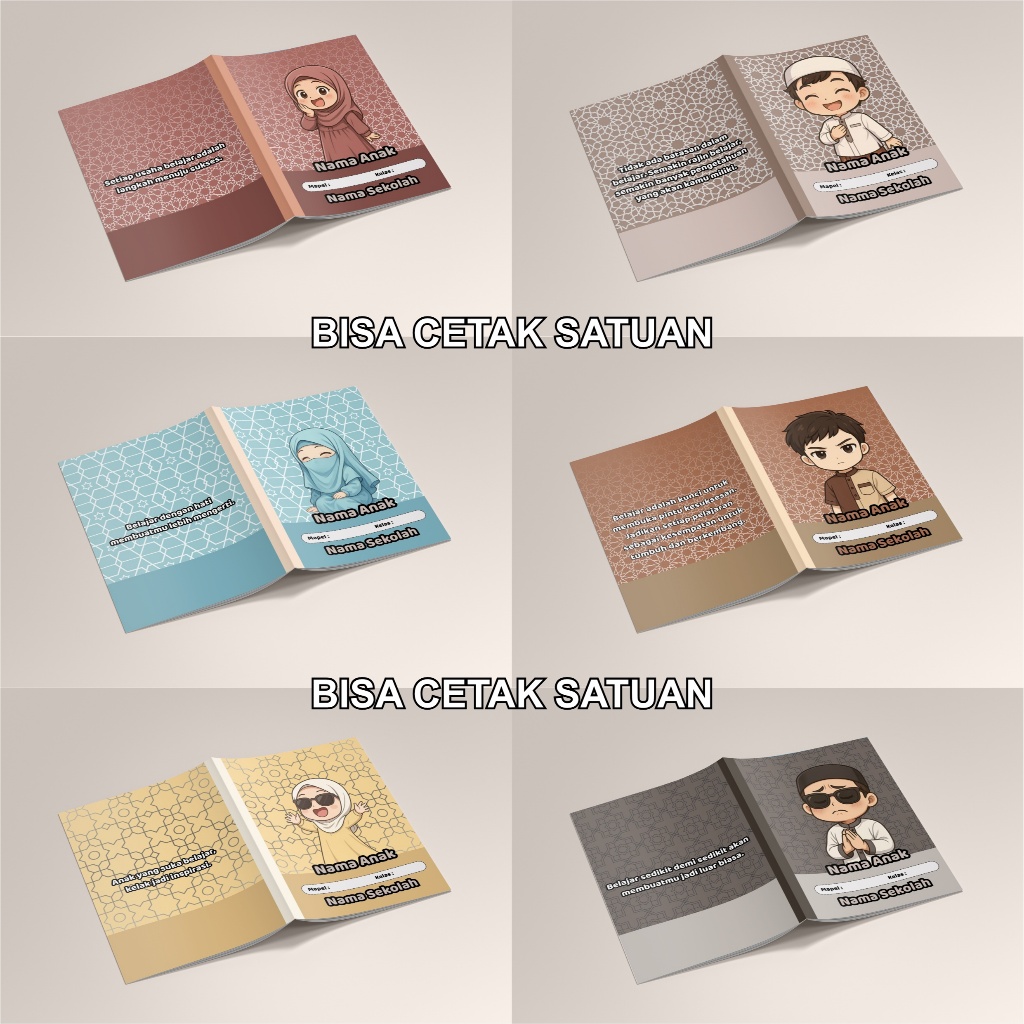 

Sampul Buku Custom SATUAN (Nama, Nama Sekolah, Kelas & No Absen) Isi 1Pcs/ Cover Buku/ Sampul Buku Kecil Standart/ Sidu TEMA MUSLIMIN & MUSLIMAT