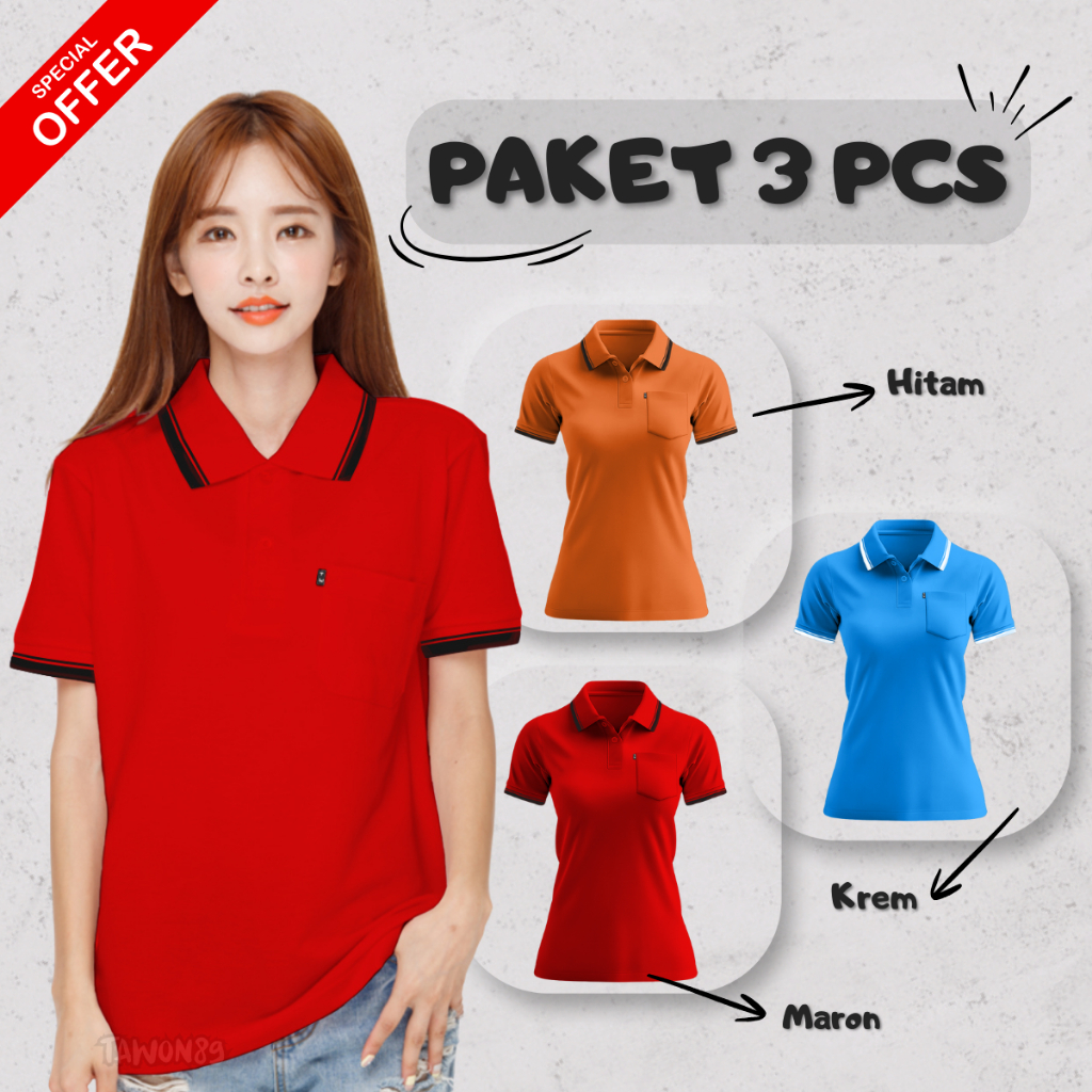 Tawon89 | Paketan Hemat 3 pcs Polo Shirt Wanita Saku Kantong / Kaos Kerah Polos Pendek Lis Saku Mini