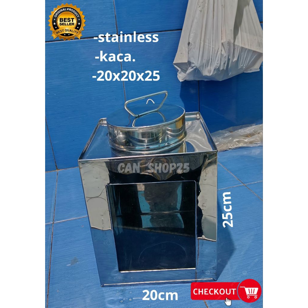 kaleng kerupuk stainless ukuran 20x20x25