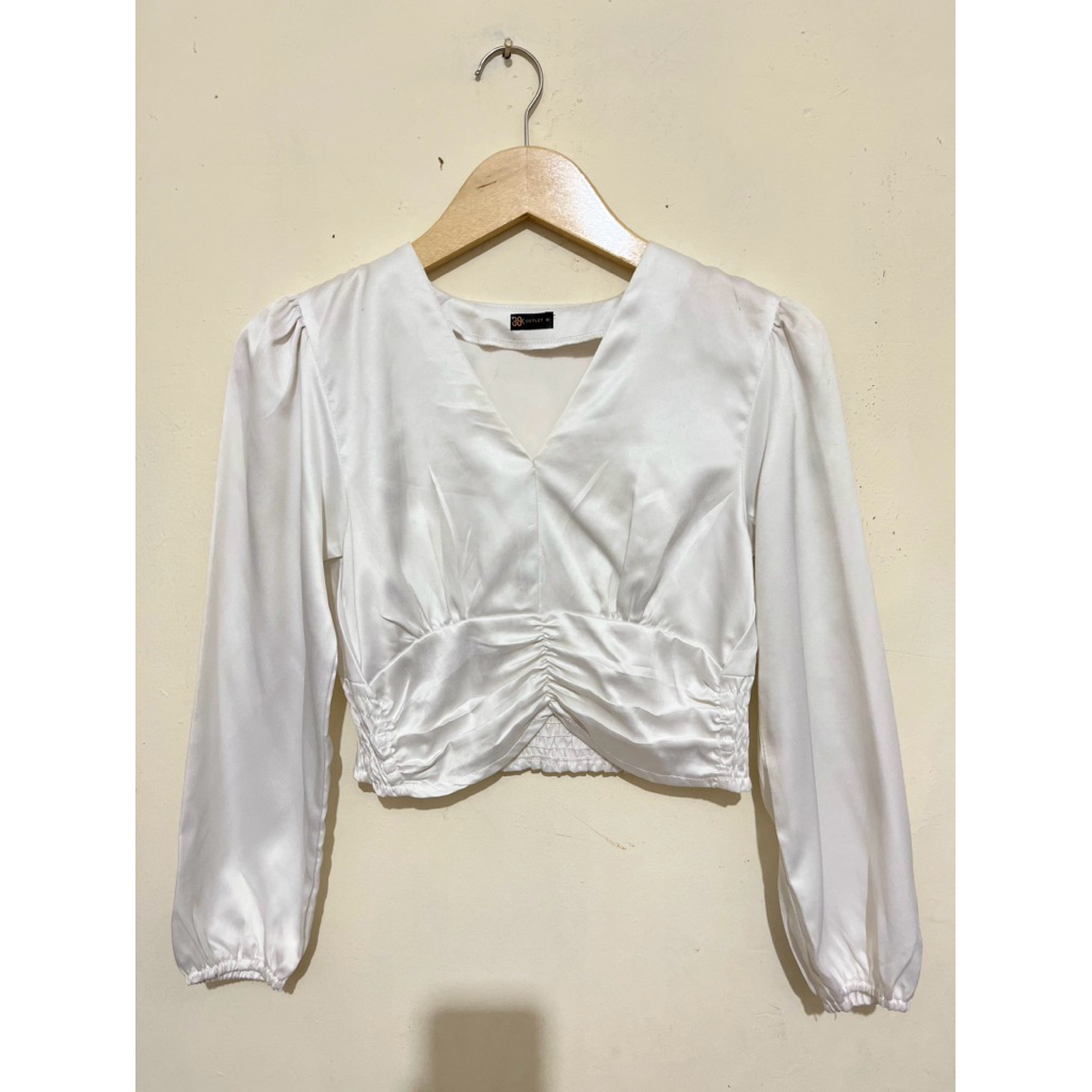 V-Neck Long Sleeve Pleated Blouse Top