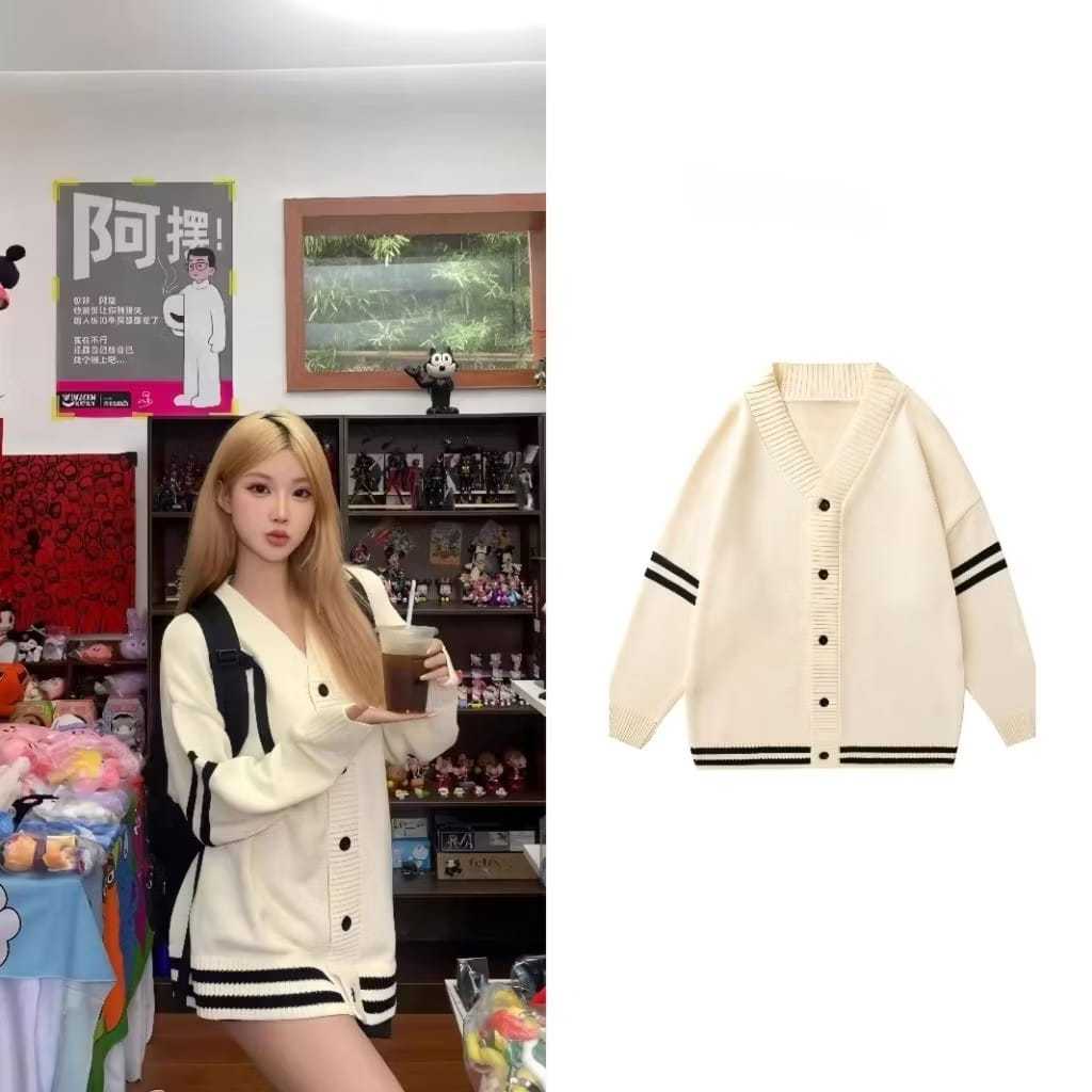 Lokal Keren Cardigan Big Size ( S - 6XL ) Jacket BASIC POLOS kombinasi Lis Strip Korean Ulzzang Fash