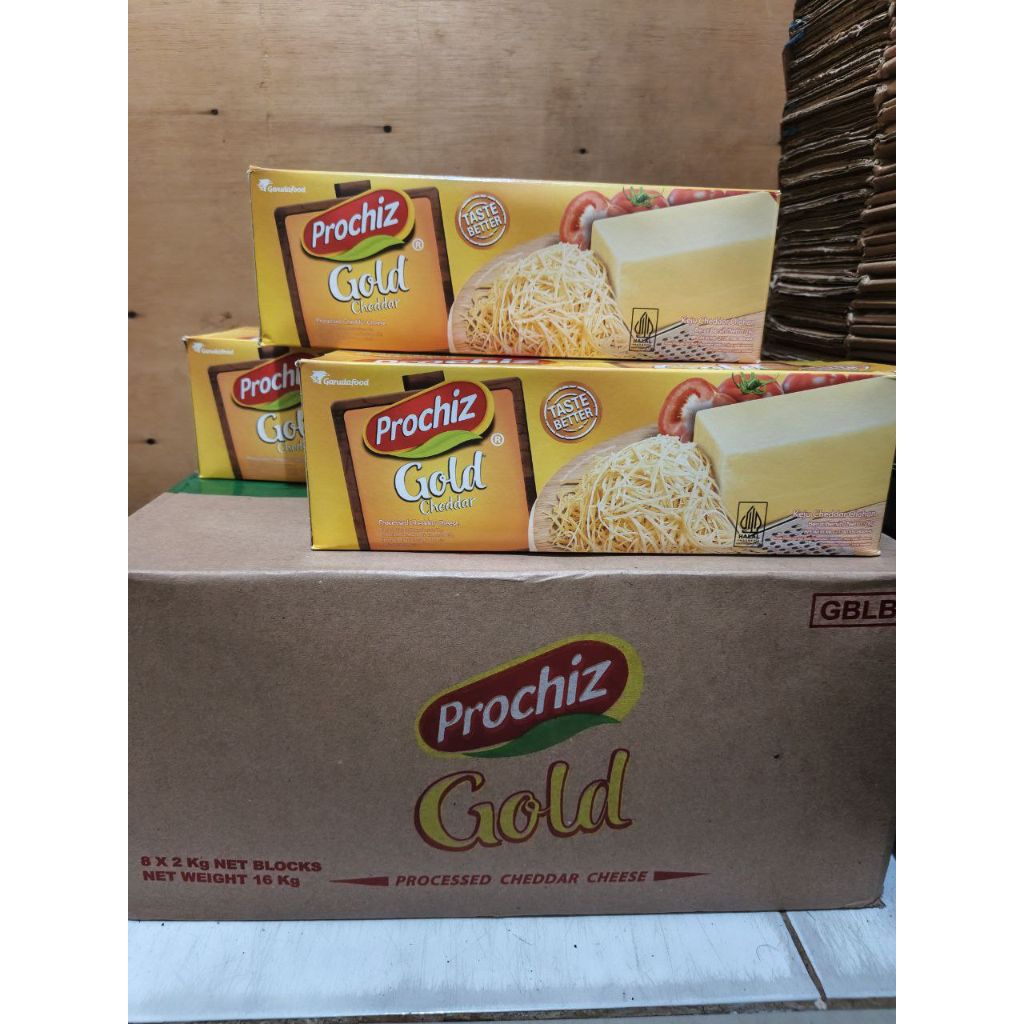 

Keju Prochiz Gold Cheddar 2KG/1Balok (1PCS) Asin Gurih Parutan Panjang