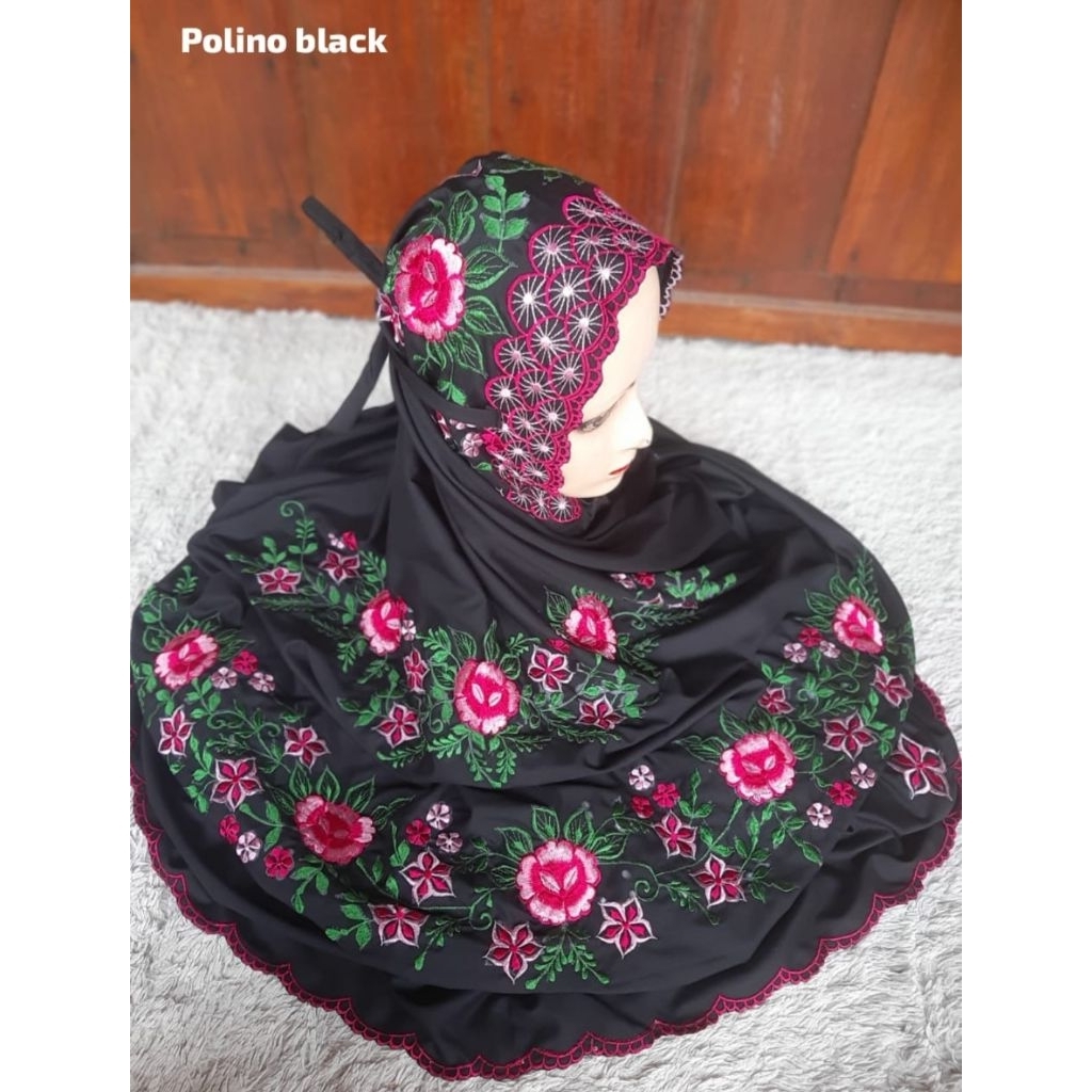 MUKENA TERUSAN POLINO WARNA HITAM BORDIR PUNGGUNG TERBARU