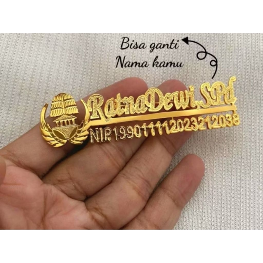 Pin nama custom korpri+NIP Titanium lapis emas Premium gold plate Signature gold/silver/rosegold bro