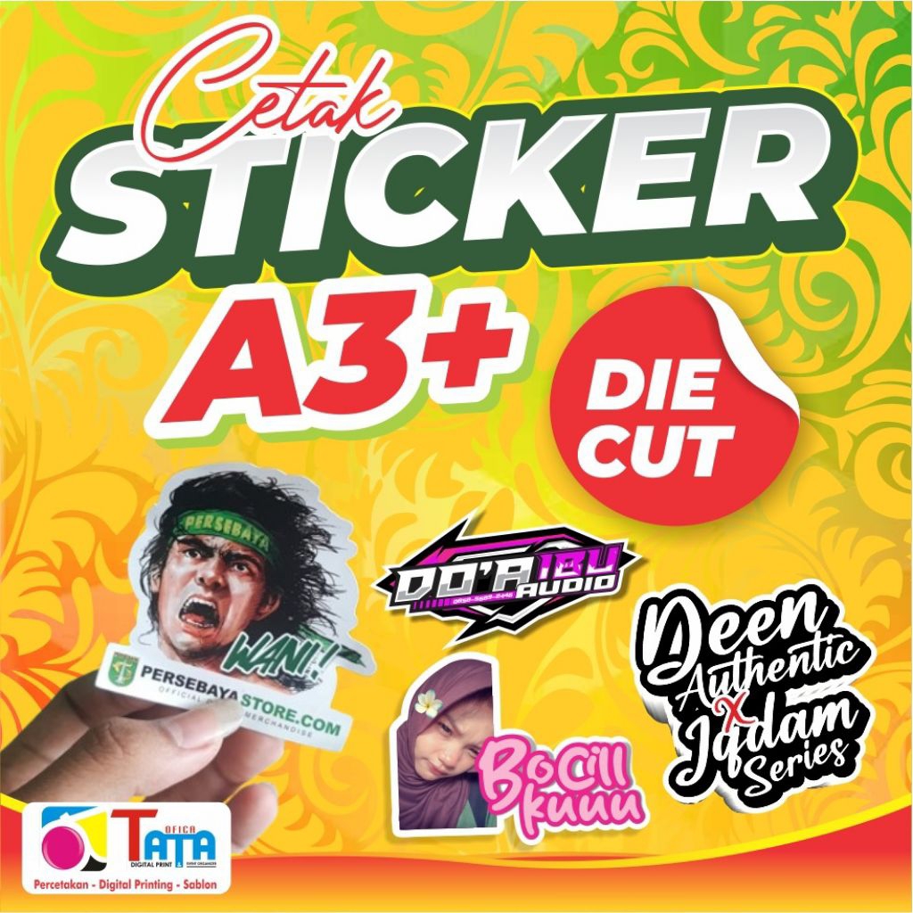 

STIKER A3+ DIE CUT POTONG PUTUS Cetak VINYL, TRANSPARAN, CHROMO, BONTAK, ART PAPER
