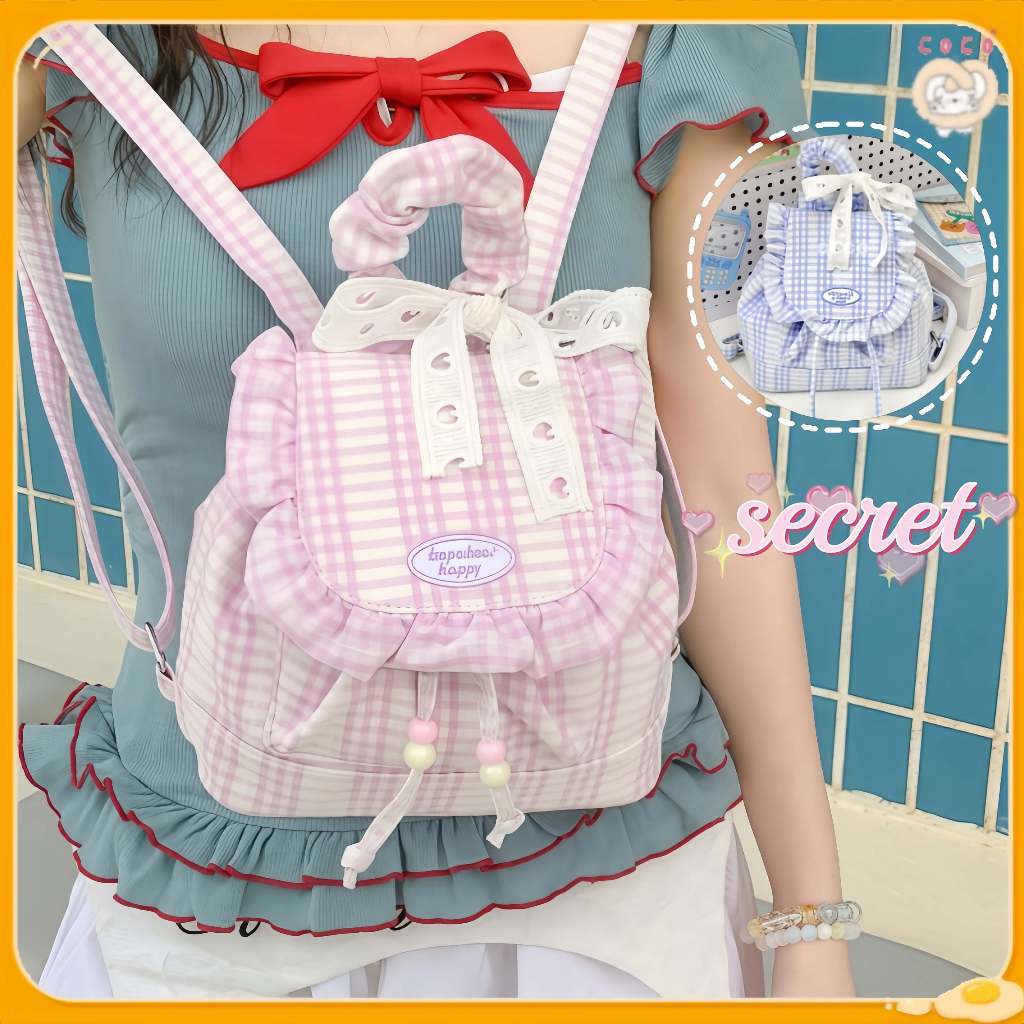 [Ready] Tas Ransel Renda Sweet Cool Party /Tas Sekolah Wanita Korea/Tas Sekolah Y2k Kotak-Kotak Baru