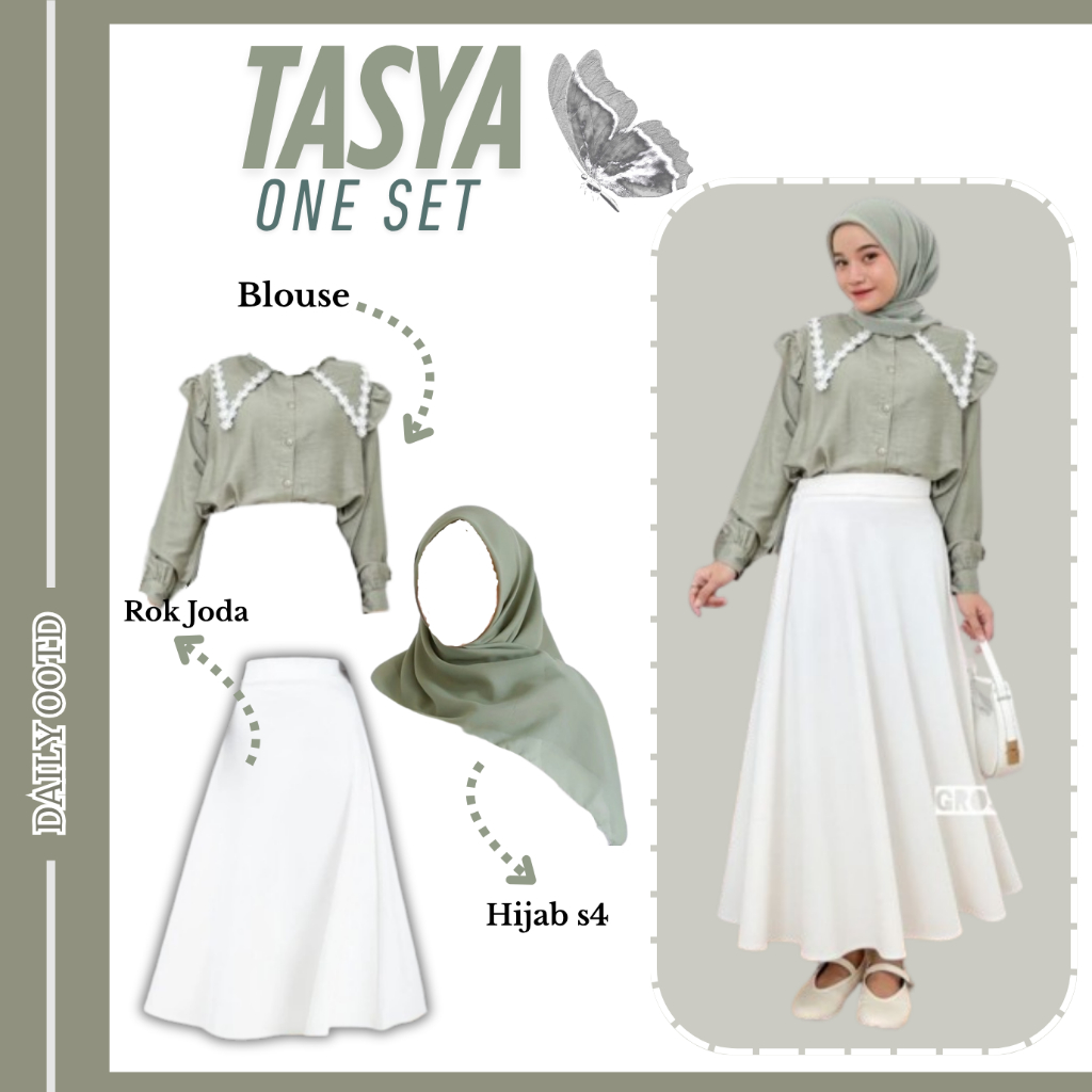 One Set Wanita Kekinian OOTD Korean ( Kerudung + Blouse + Rok ) Setelan Kondangan Simple Elegan