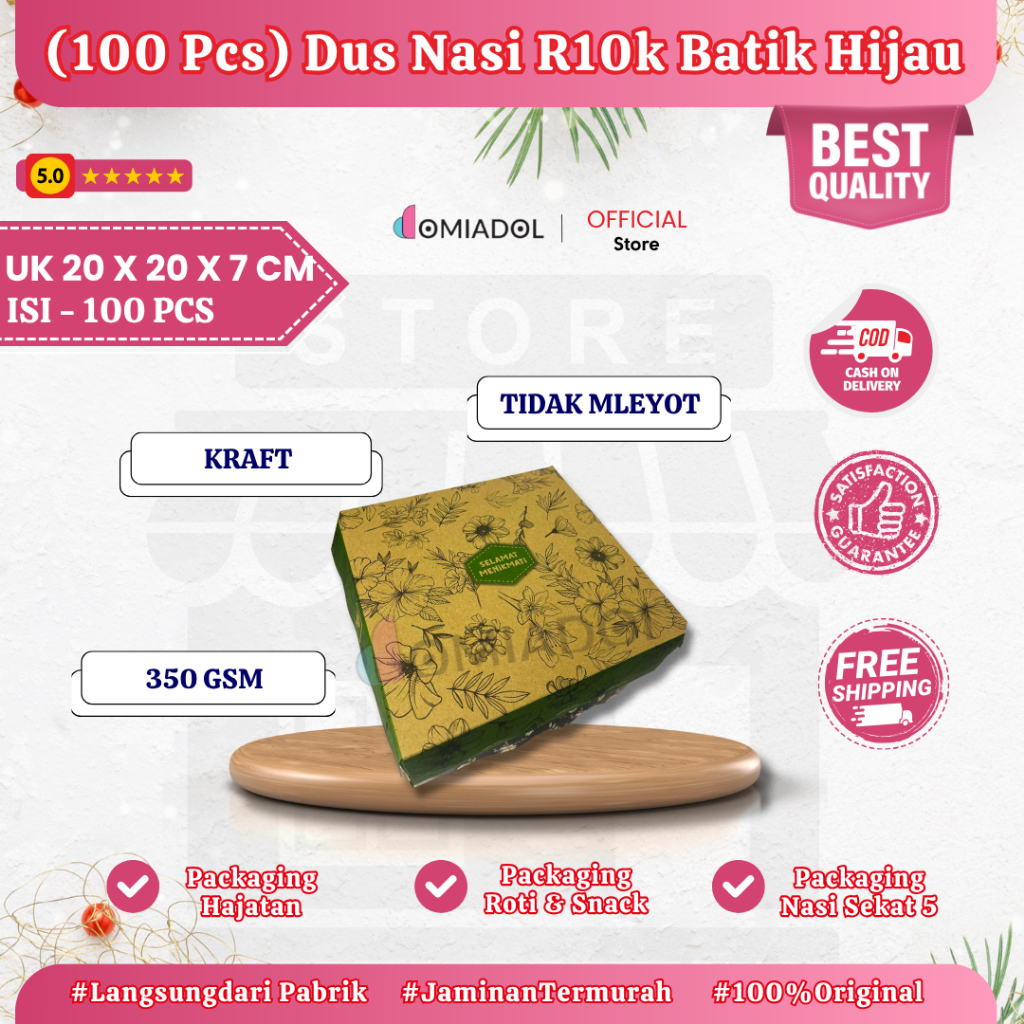 

Box Dus Nasi Kotak R10K Motif Batik Hijau Premium - Ukuran 20x20x7 cm - Isi 100 Pcs
