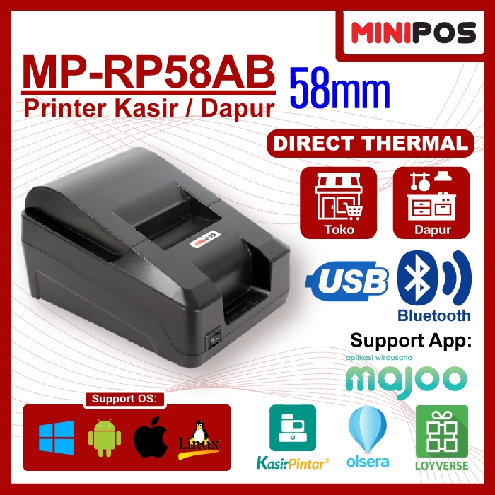 MINIPOS MP-RP58AB Printer Thermal 58mm Bluetooth USB Kabel Glossy Head Thermal Jepang Adaptor Awet