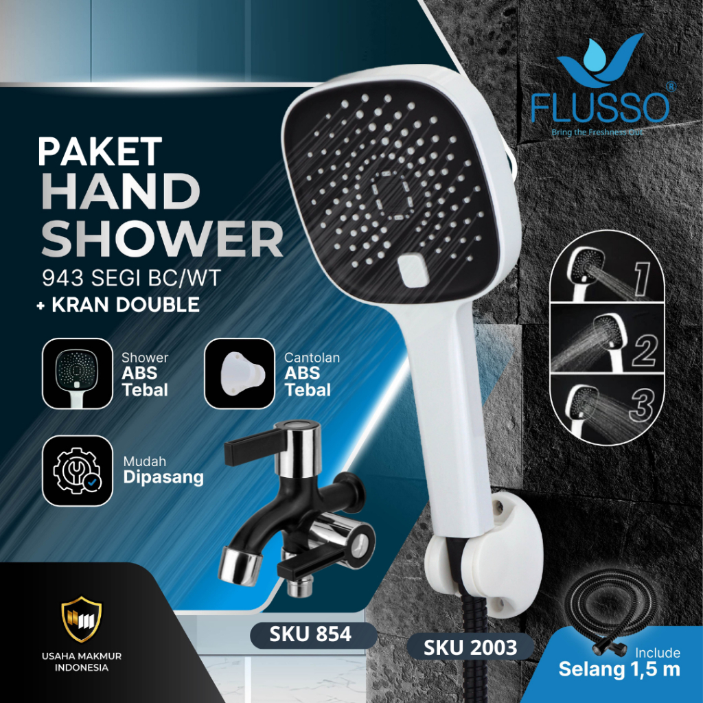 Flusso Paket Hemat Shower Set Komplit + Keran Double Black Gold Kuningan Flusso Garansi 1 Tahun