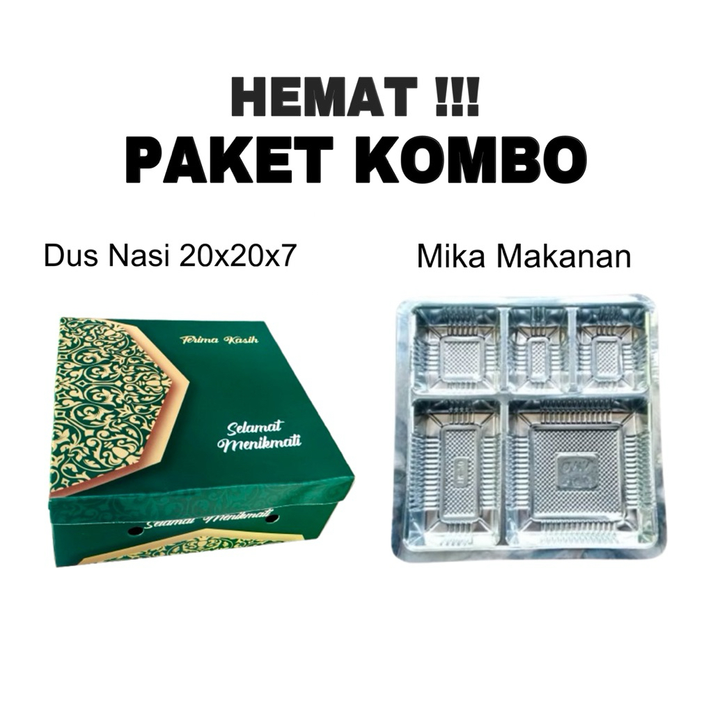 

PAKET Dus Nasi uk 20x20x7 dan Mika Makanan Sekat 5||Kardus Nasi||Kardus Snack||
