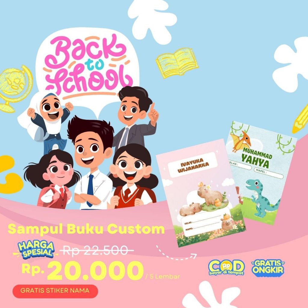 

Sampul Buku Custom (nama, nama sekolah, kelas, mapel) isi 5pcs/ cover buku/ sampul buku kecil standart/ Sidu