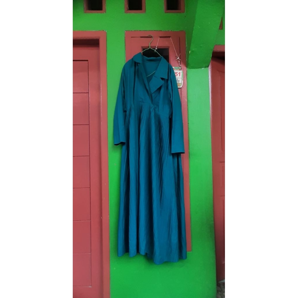 gamis dress plisket crepe premium dark teal like new Pl preloved