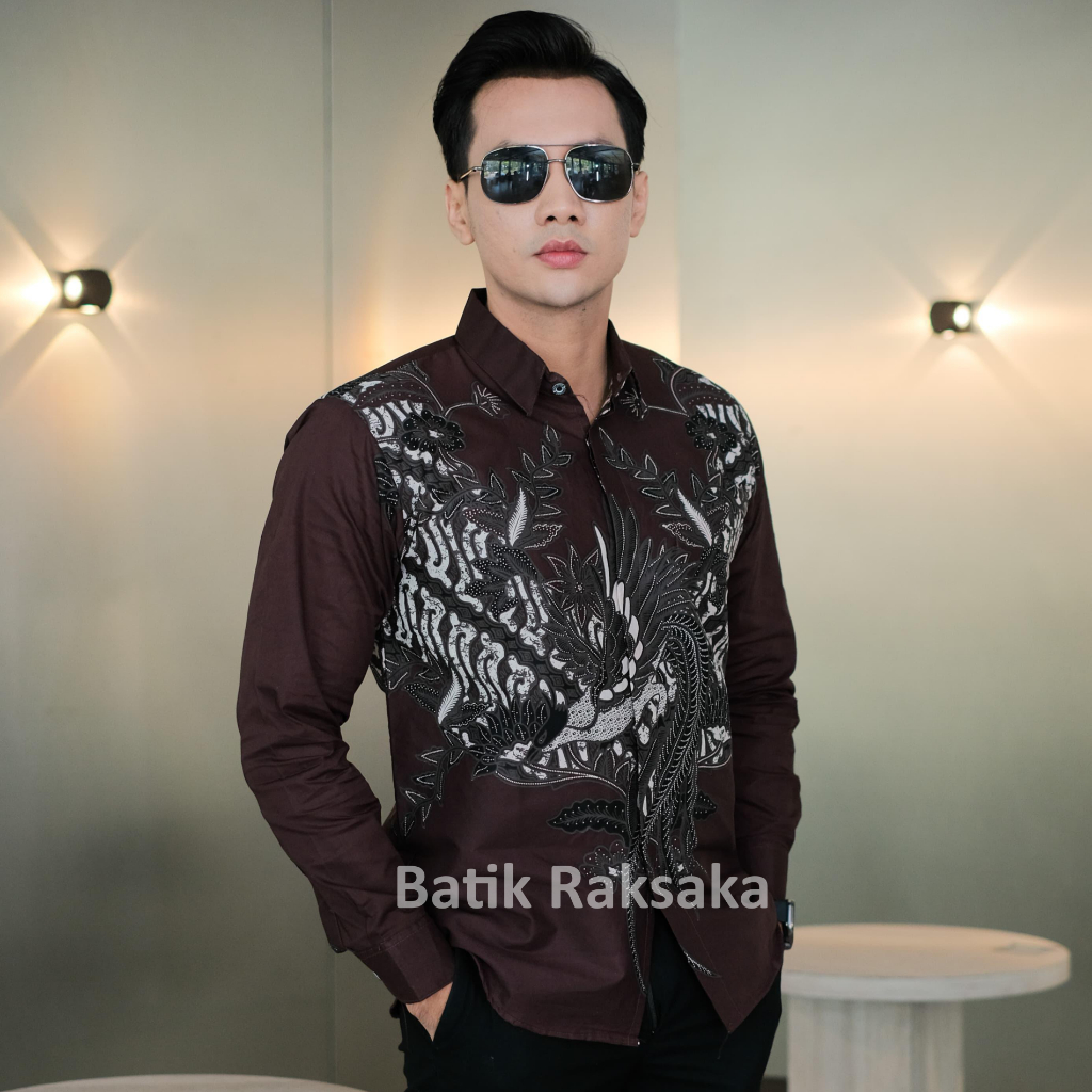Baju Batik Pria Cowok Slimfit Premium Coklat Mahogany Full Furing Baju Lengan Panjang Batik Raksaka