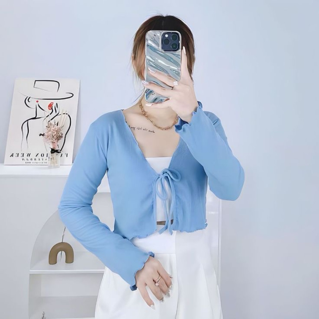 Cardigan Knit Wanita Cardi Crop Top Lengan Panjang Y2K Bahan Rib Knit Atasan Wanita Skena Ruffle Rem