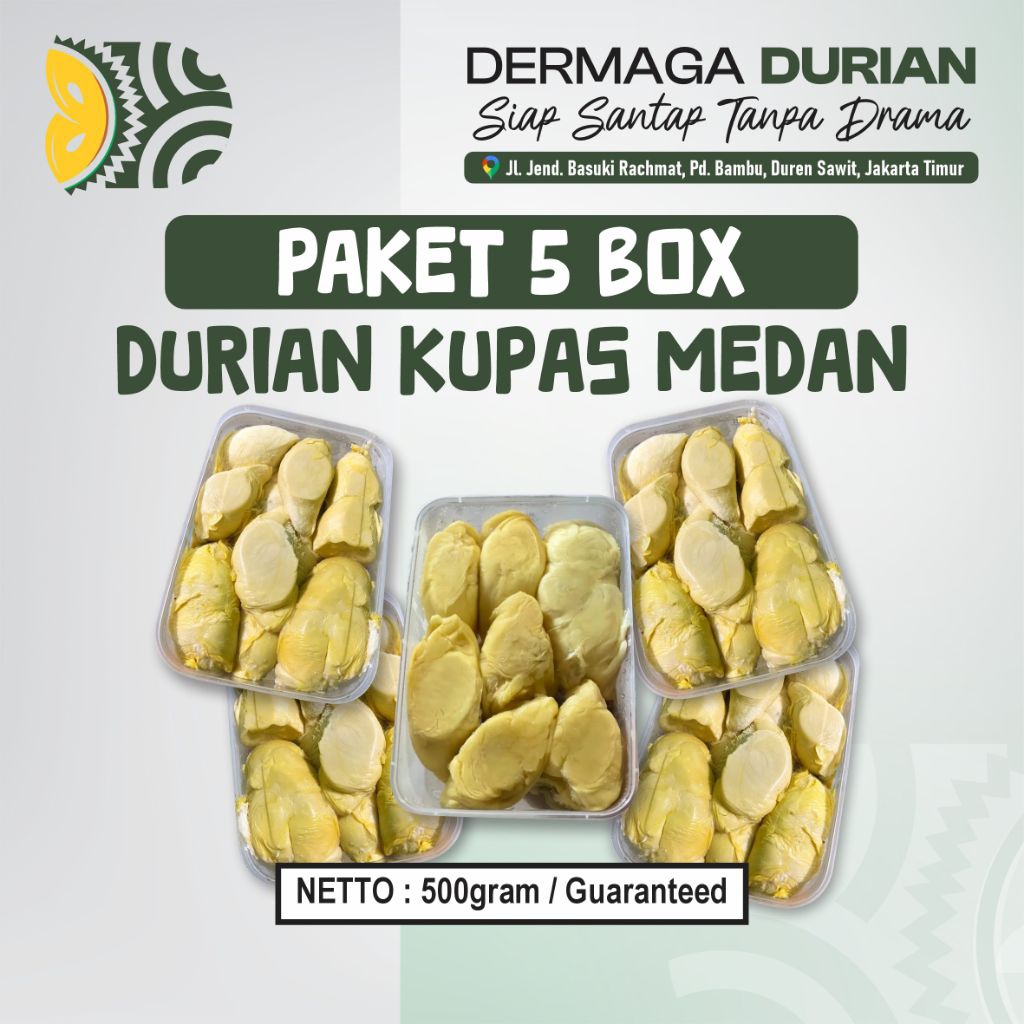 

DERMAGA DURIAN / PAKET 5 BOX DURIAN KUPAS MEDAN /KEMASAN 500GRAM / DURIAN KUPAS PREMIUM BOX HITAM/CLEAR
