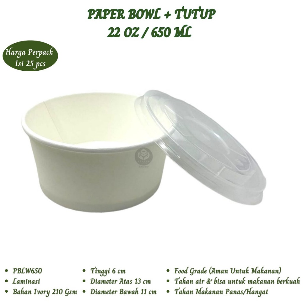 Paper Bowl 650 Ml Plus Tutup Mangkok Kertas (Isi 25 Pcs-PBLW-650)