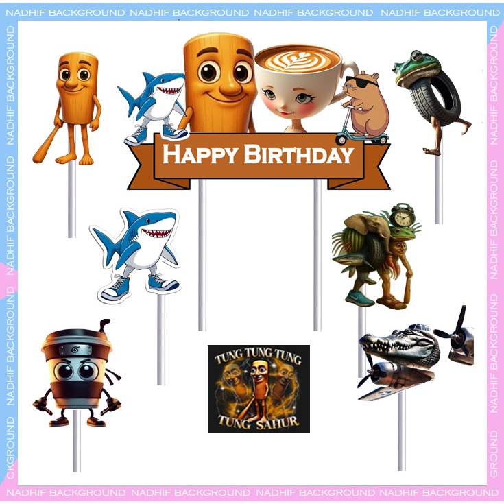 

Toper Karakter TUNGTUNG SAHUR Hisan Kue Tusukan Murah Topper Decorasi Cake Happy Birthday
