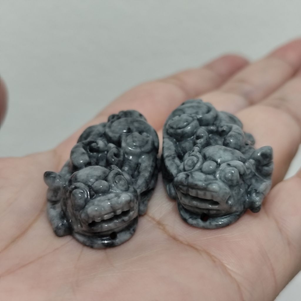 Couple Natural Wuji Jadeite Pixiu Pendant Dua Liontin Pixiu Giok Wuji Asli Alami