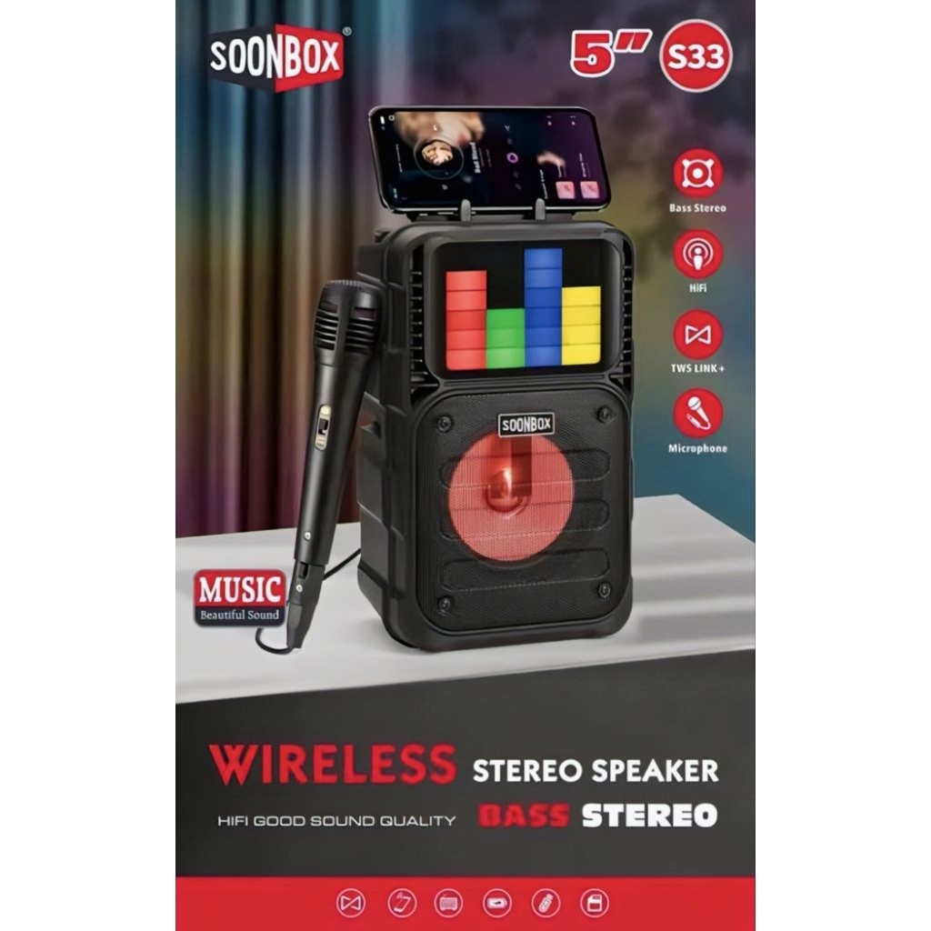 Speaker Soonbox S33 Portable Bluetooth LED + Mic Karaoke