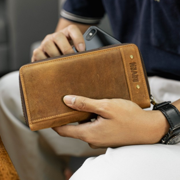 Mini Pouch Dompet Panjang Pria 100% Kulit Sapi Asli Clutch bag Handbag Wallet FREE BONUS