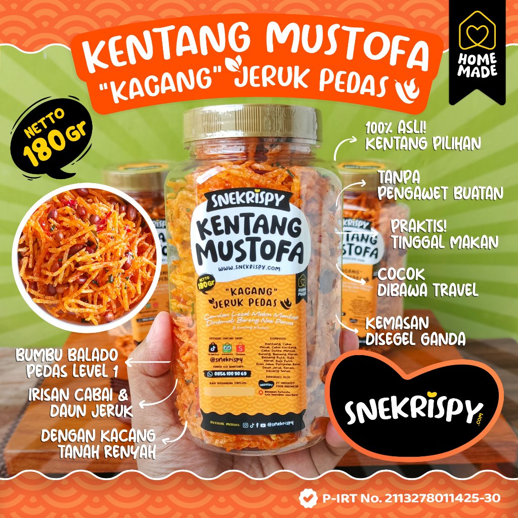 

Snekrispy Kentang Mustofa 180gr - "KACANG" JERUK PEDAS (Pedasnya Pas! / LEVEL 1)