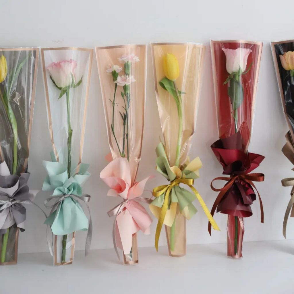 

[ 50 Lembar ] Flower Sleeve Single Rose OPP List Gold Kantong Pembungkus Buket 1 Tangkai Bunga Mawar