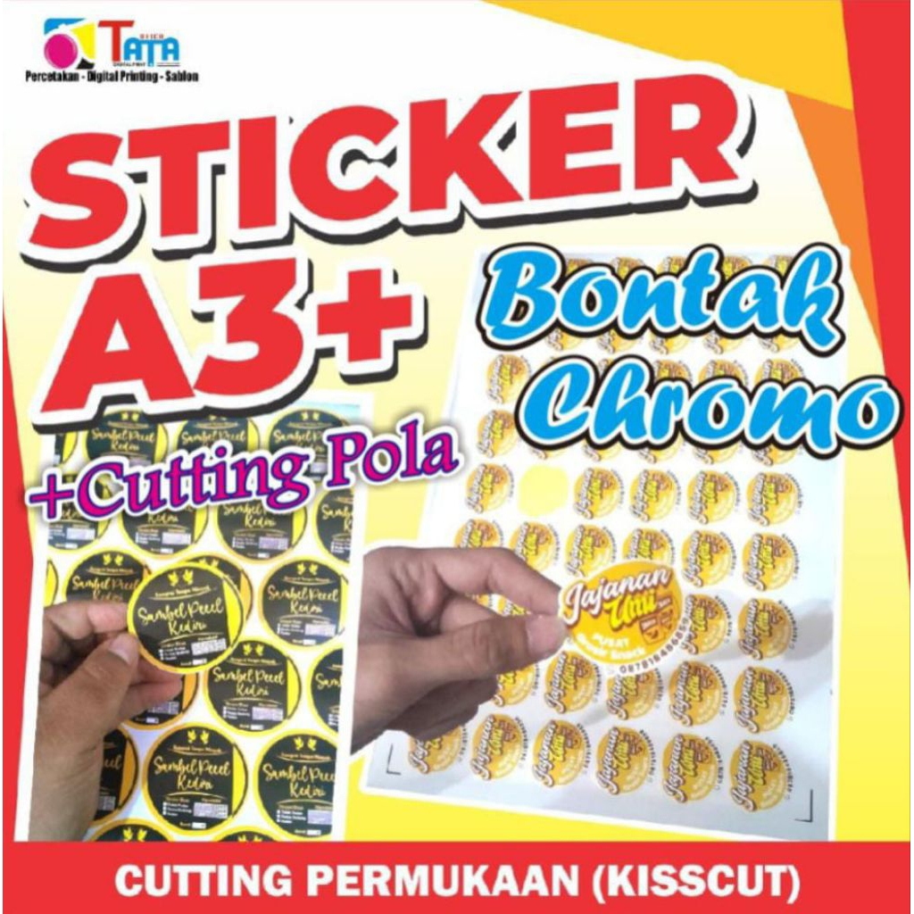 

Cetak Stiker A3+ Bontak / Chromo / Stiker Cutting Kiss Cut / Sticker Custom MURAH / Label / logo / Kemasan Produk / Kualitas Premium Anti Air/ STIKER LABEL KEMASAN MAKANAN MINUMAN / ONLINE SHOP MURAH