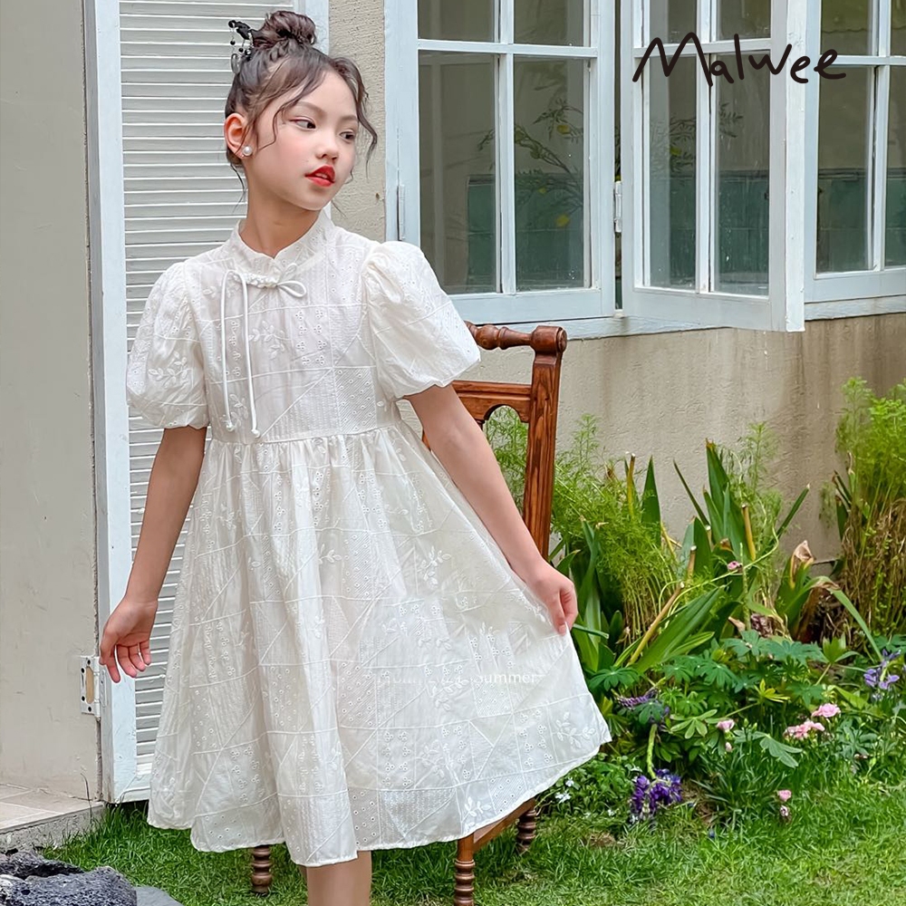 Malwee 2-12 Tahun Gaun Anak Perempuan Gaun Putih dengan Bordir dan Lengan Gaun Putri Anak（NT06）