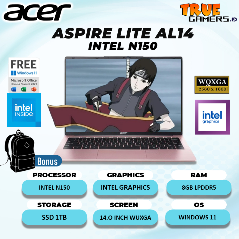 Laptop Pelajar Acer ASPIRE LITE AL14 N150 8GB 512GB Windows 11 14.0FHD