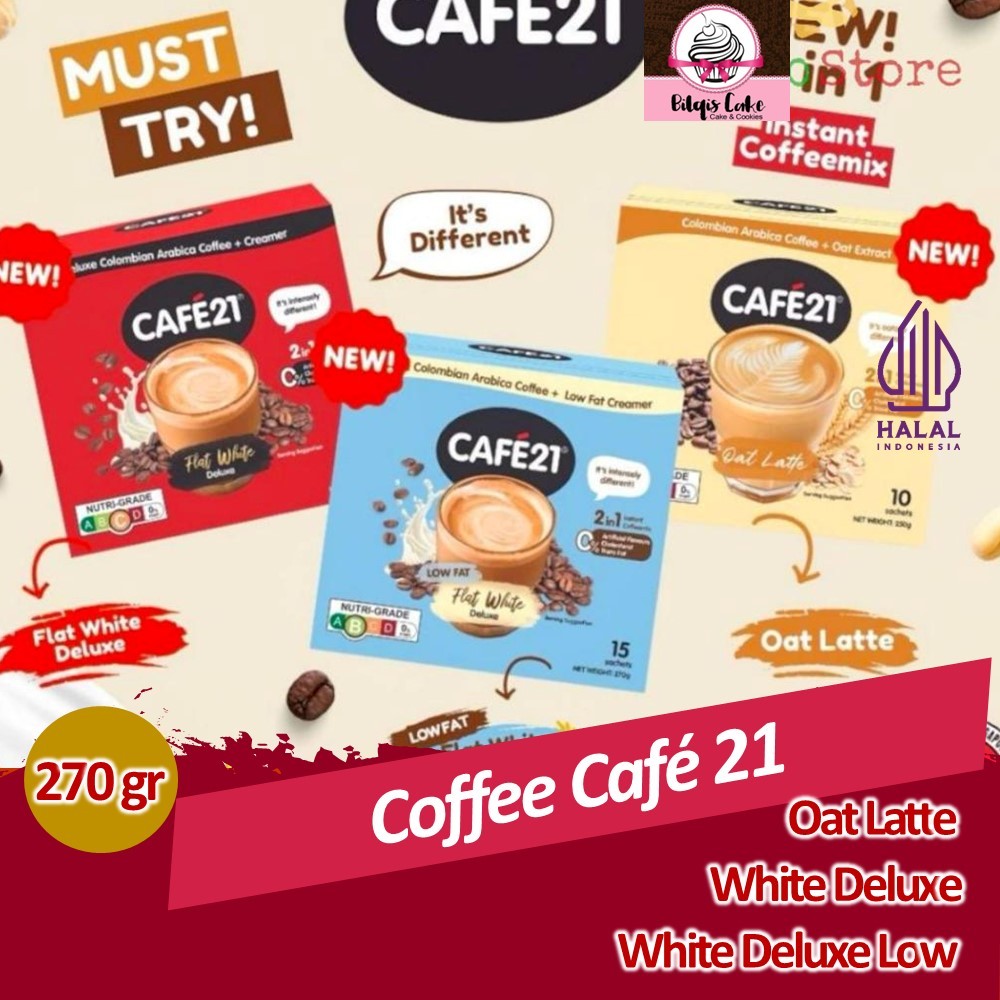 

Cafe 21Colombian Arabica Coffee Flat White Deluxe Oat Latte / Kopi Coffee Mix Low Fat 270 Gram
