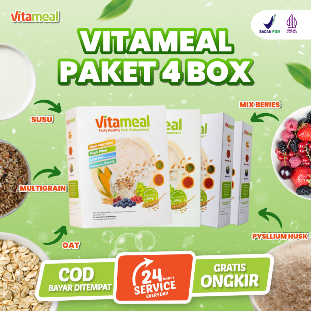 

PAKET 4 BOX VITAMEAL Sereal Herbal Sehat atasi Diabetes Kebas Kesemutan Neuropati Menurunkan Gula Darah Tinggi Kolesterol Hipertensi Stabilkan Berat Badan Solusi Diet Alami Tanpa Efek Samping Official Store VITAMINILK DIET
