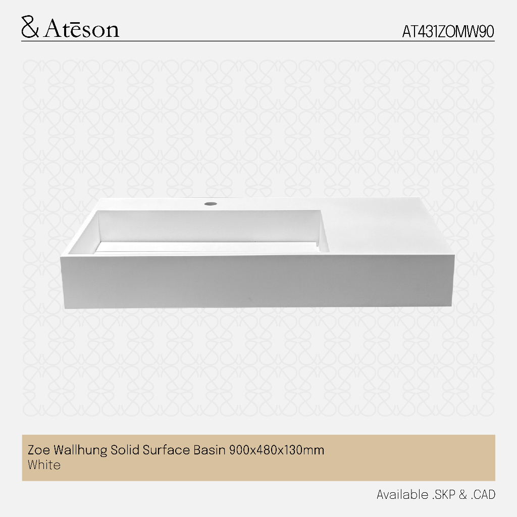 ATESON AT431ZOMW90 Zoe Wallhung Solid Surface Basin 900x480x130mm White