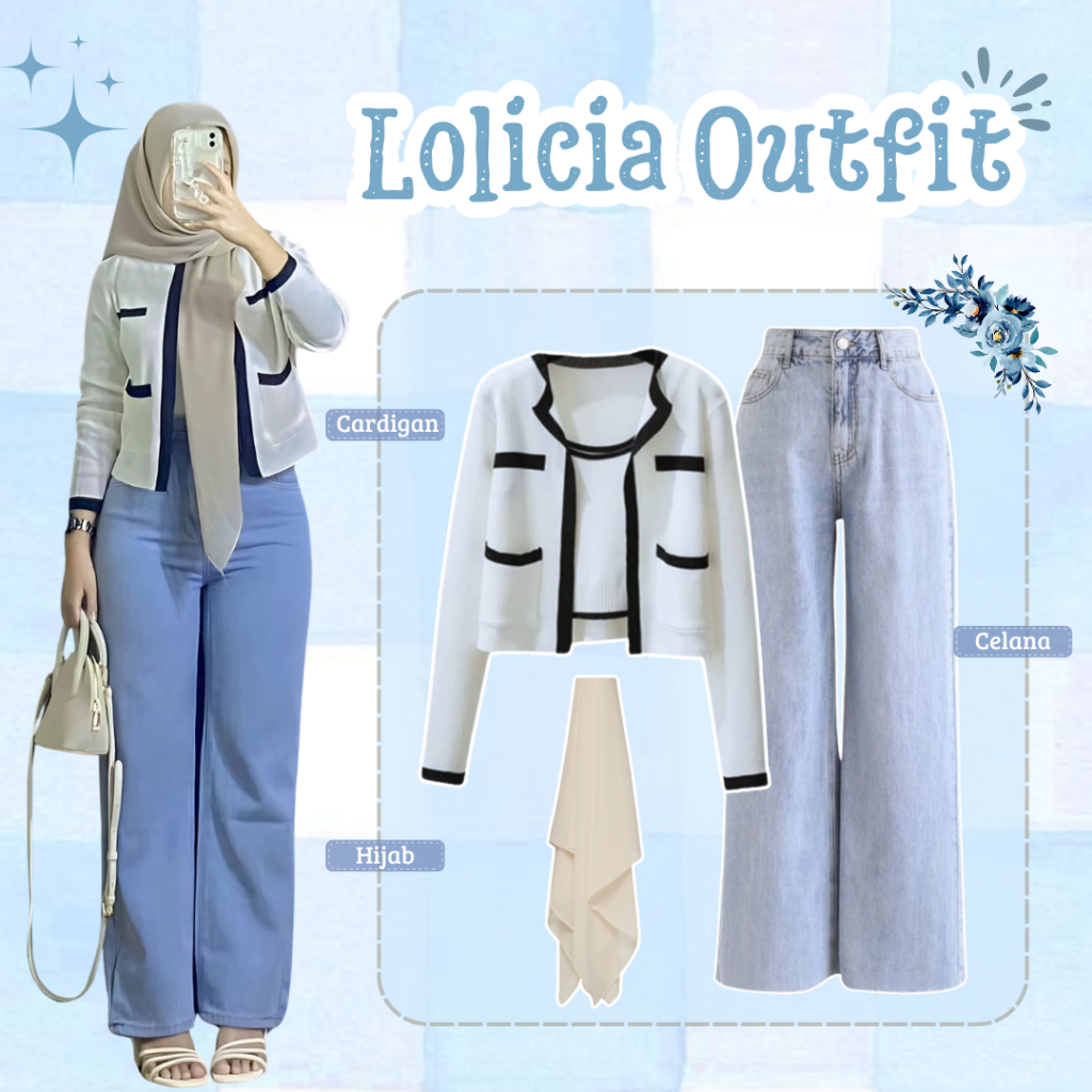 One Set Lolicia Outfit ( Cardigan + Celana Jeans + Hijab ) Ootd Korean Style