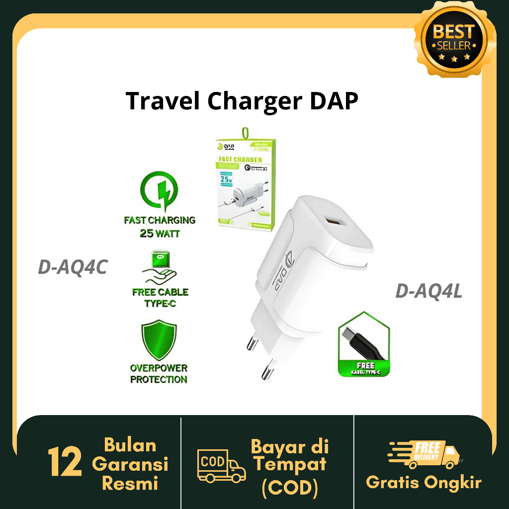 Travel Charger DAP D-AQ4C Type C & DAP D-AQ4L Quick Charge 3.0 Qualcomm Fast Charger-White