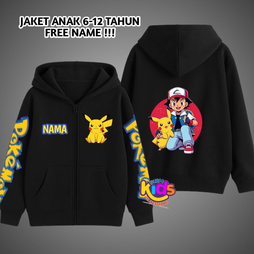 jaket zipper hoodie anak laki laki usia 6-12 tahun gambar pokemon pikachu - fashion anak cowok keren