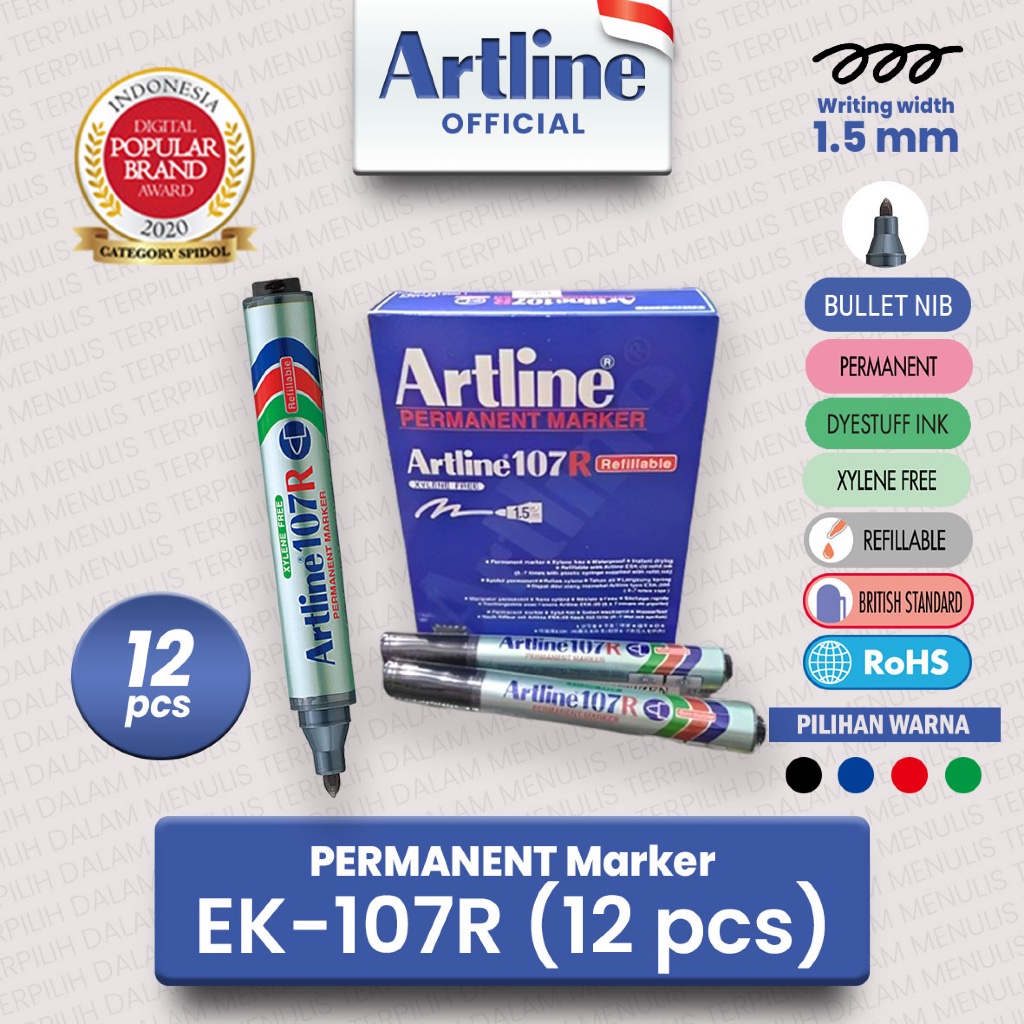 

[BOX/12PCS] ARTLINE Permanent Marker EK-107R Refillable Spidol Permanen Bisa isi Ulang